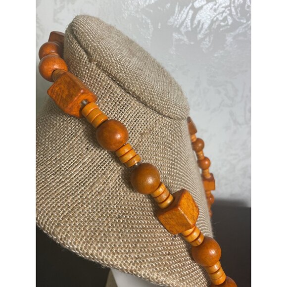 Vintage Wooden Bead Necklace With Geometric Shapes & Earthy Charm - Picture 2 of 3